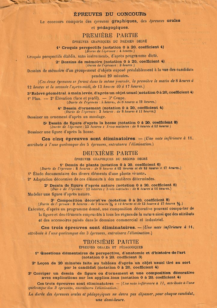 Epreuves du concours de professeur de dessin de la Ville de Paris en 1936